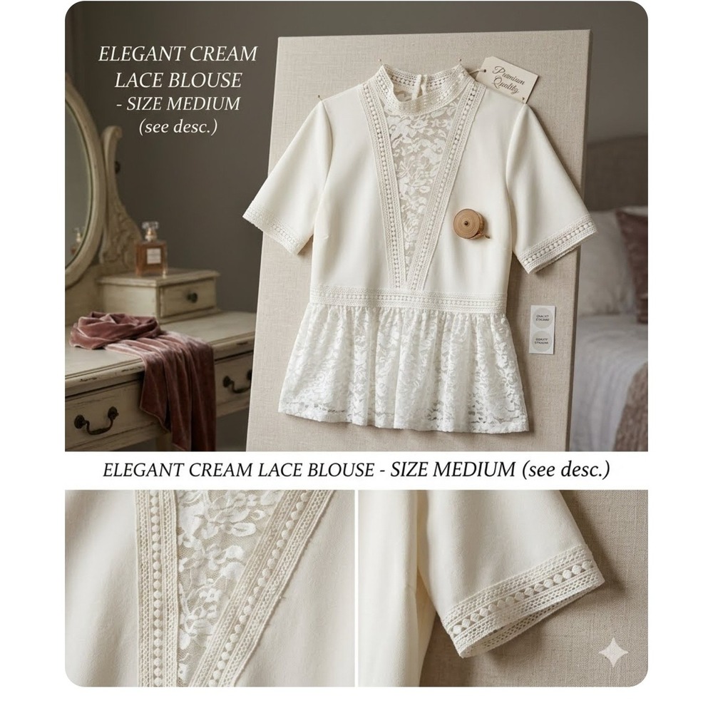 Cottagecore Cream Lace Peplum Blouse Short Sleeve High Neck Floral Crochet Top M